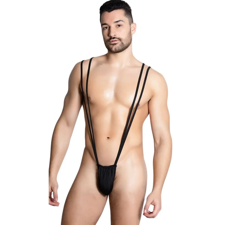 Men’s black sling thong bodysuit with deep V cut for exotic intimate wear - front view
