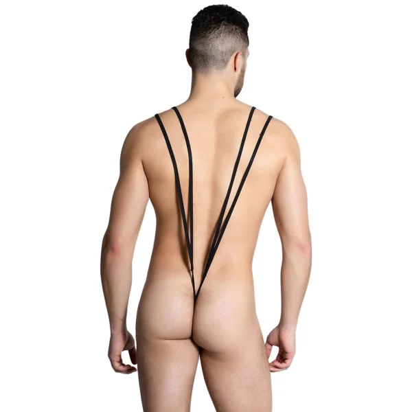 Men’s black sling thong bodysuit with deep V cut for exotic intimate wear - back view