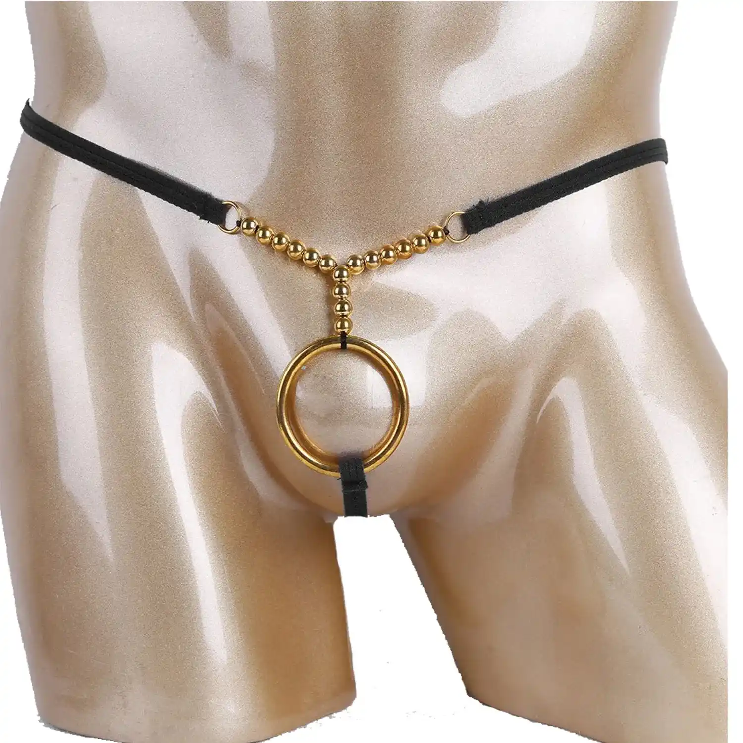 Menās Golden Ring Beaded G-String ā Bold Erotic Thong for Sensual Play