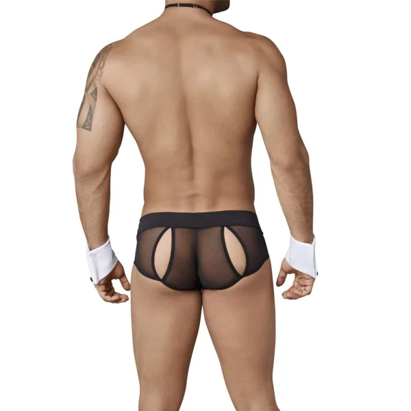 Back view of men's sheer mesh erotic lingerie with cut-out design