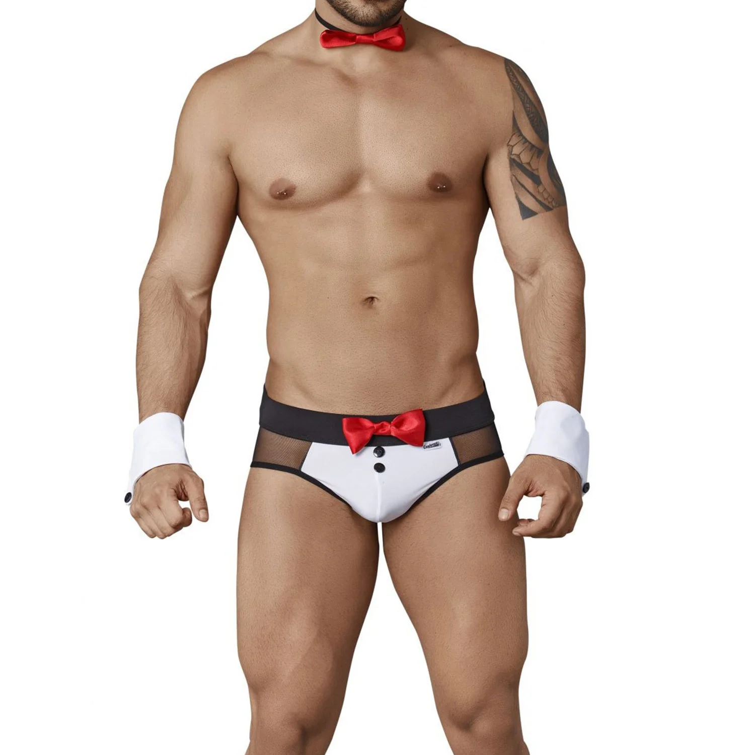 Men’s Sexy Butler Lingerie Costume Set ā Mesh Backless Brief with Bow Tie & Cuffs | Exotic Roleplay Wear for Men
