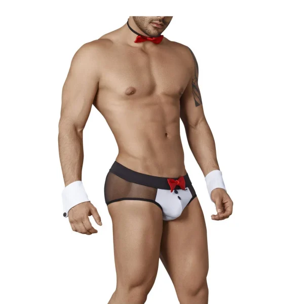 Side view of men's sheer mesh erotic lingerie with cut-out design