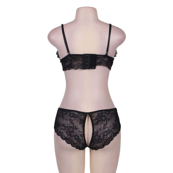 Back view of Shamelace black lace bralette and crotchless panty set for women