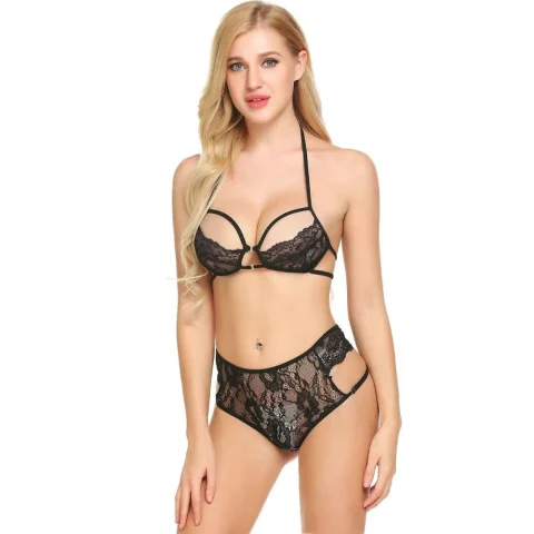 Front view of sultry black lace cutout bralette and high waist panty set for women